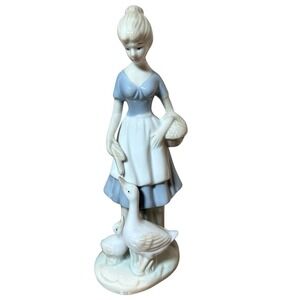 Vintage Lady Feeding Geese Glazed Hand Painted Porcelain 8.5 inch Figurine